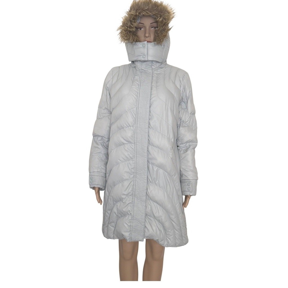 Lands' End Long Down Parka Faux Fur Hood Light Blue Grey Women's Medium 10-12